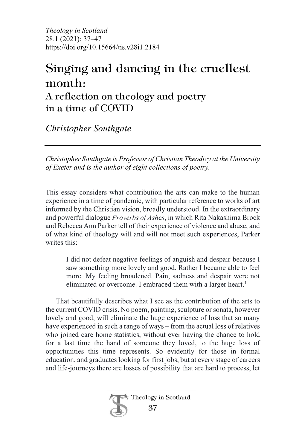 Singing and Dancing in the Cruellest Month: a Reflection on Theology and Poetry in a Time of COVID