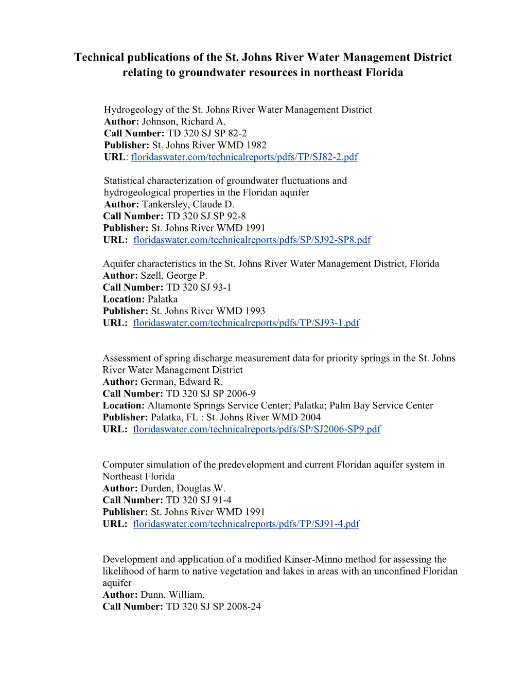 Technical Publications of the St. Johns River Water Management District Relating to Groundwater Resources in Northeast Florida