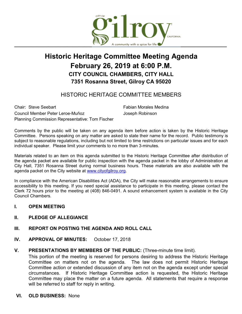 Historic Heritage Committee Meeting Agenda February 26, 2019 at 6:00 P.M