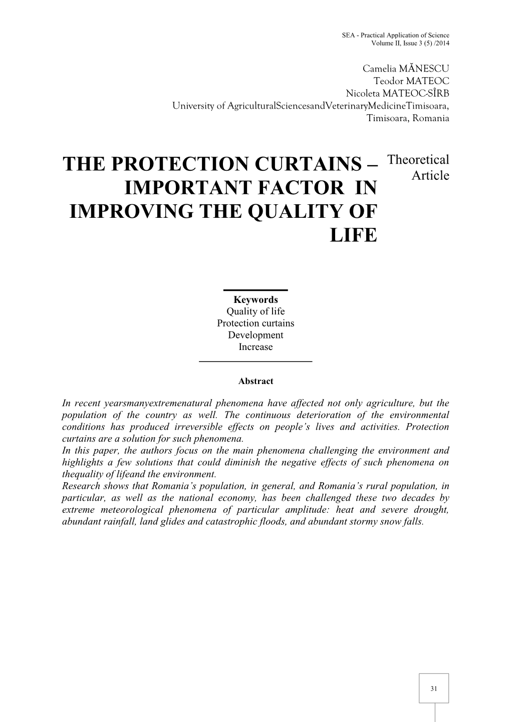 THE PROTECTION CURTAINS Theoretical – Article IMPORTANT FACTOR in IMPROVING the QUALITY of LIFE