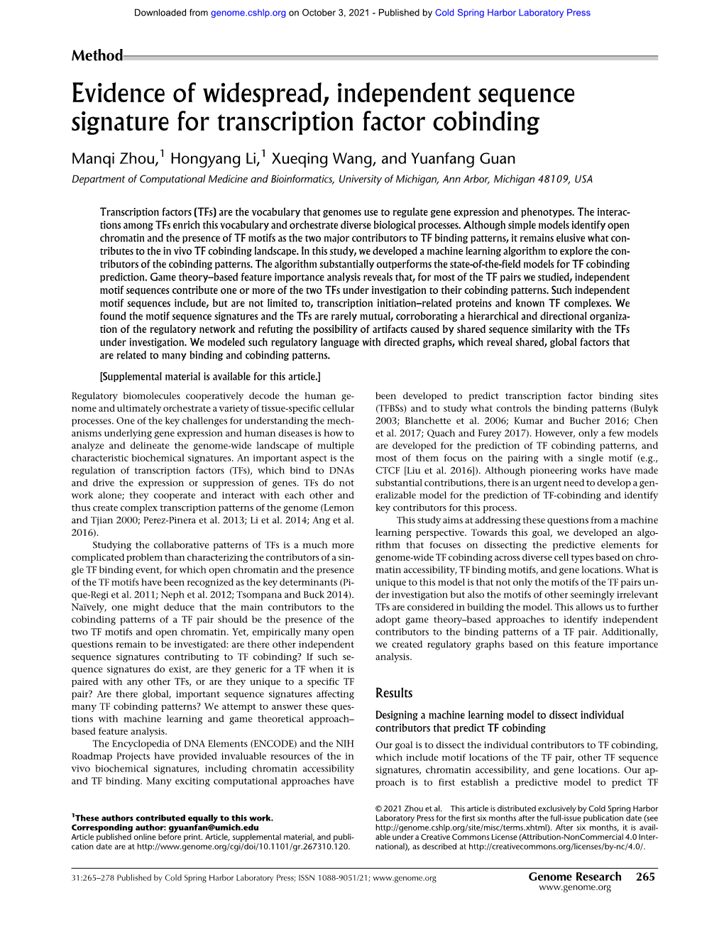 Evidence of Widespread, Independent Sequence Signature for Transcription Factor Cobinding