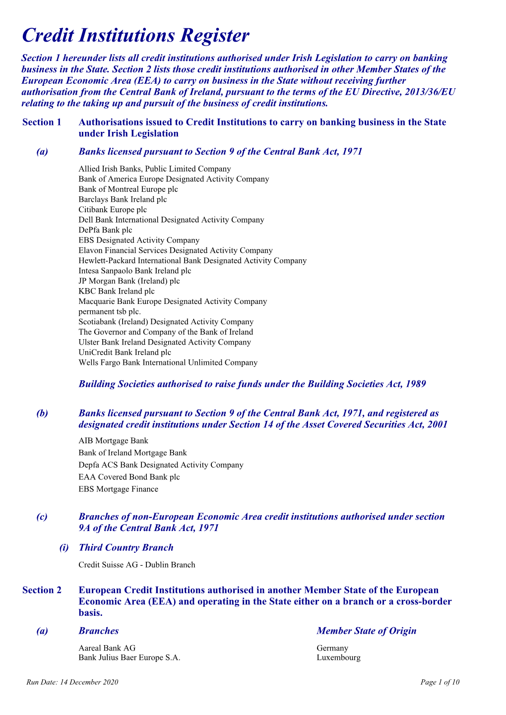 Credit Institutions Register Section 1 Hereunder Lists All Credit Institutions Authorised Under Irish Legislation to Carry on Banking Business in the State