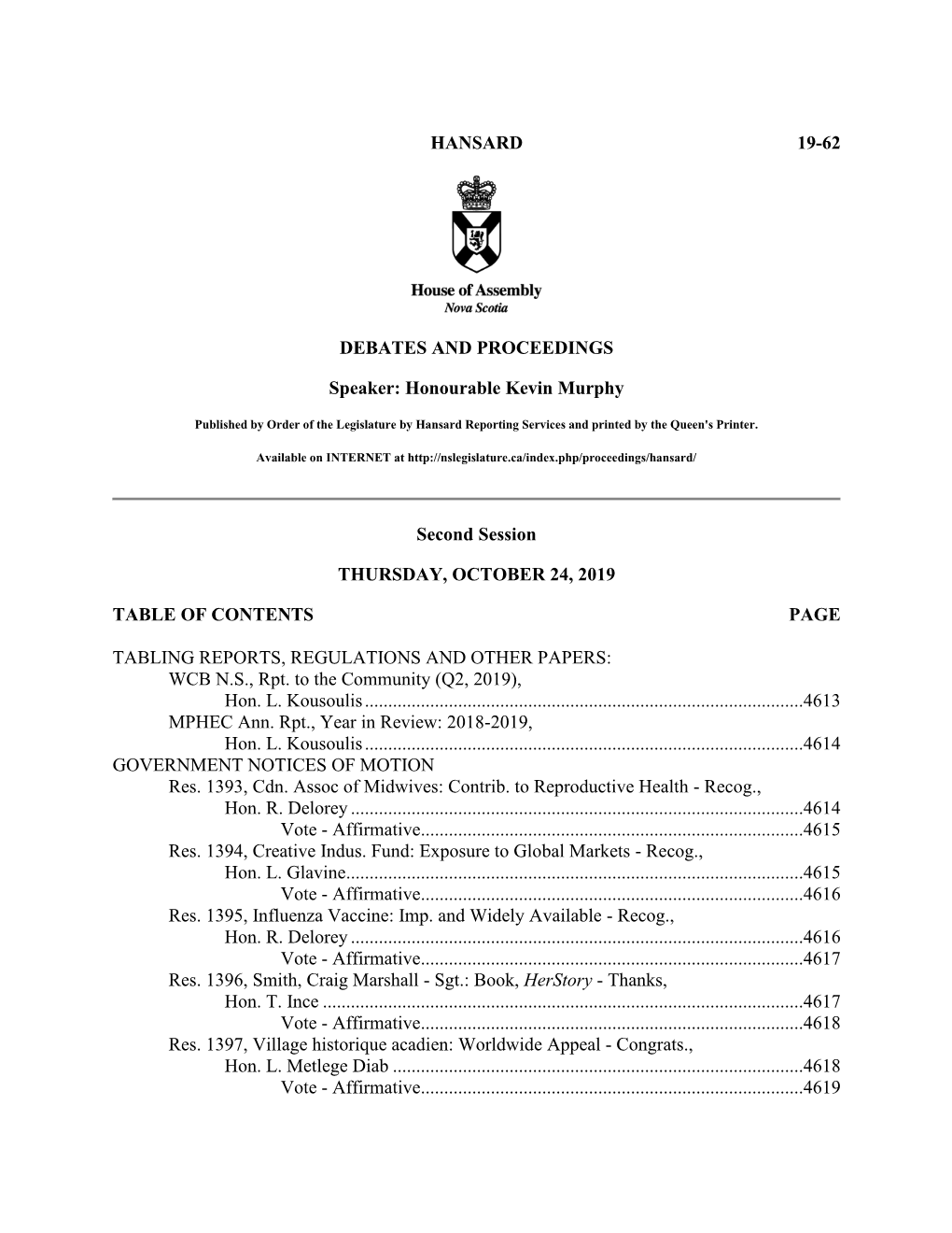 HANSARD 19-62 DEBATES and PROCEEDINGS Speaker