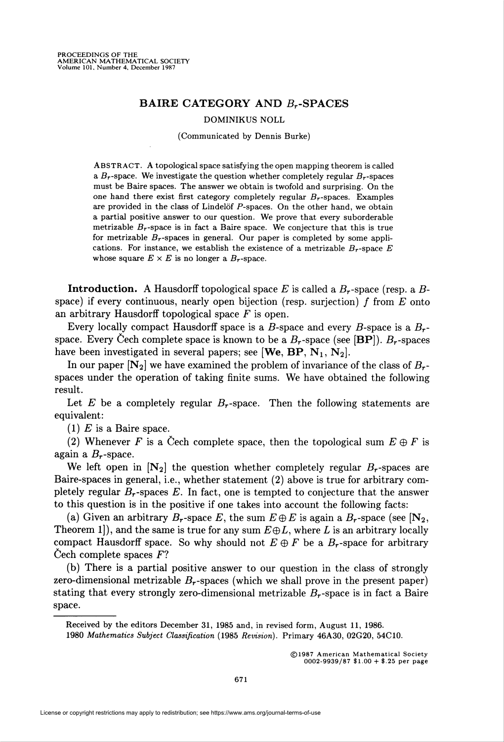 BAIRE CATEGORY and Br-SPACES DOMINIKUS NOLL