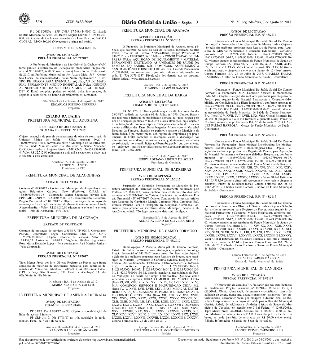 ISSN 1677-7069 3 Nº 150, Segunda-Feira, 7 De Agosto De 2017