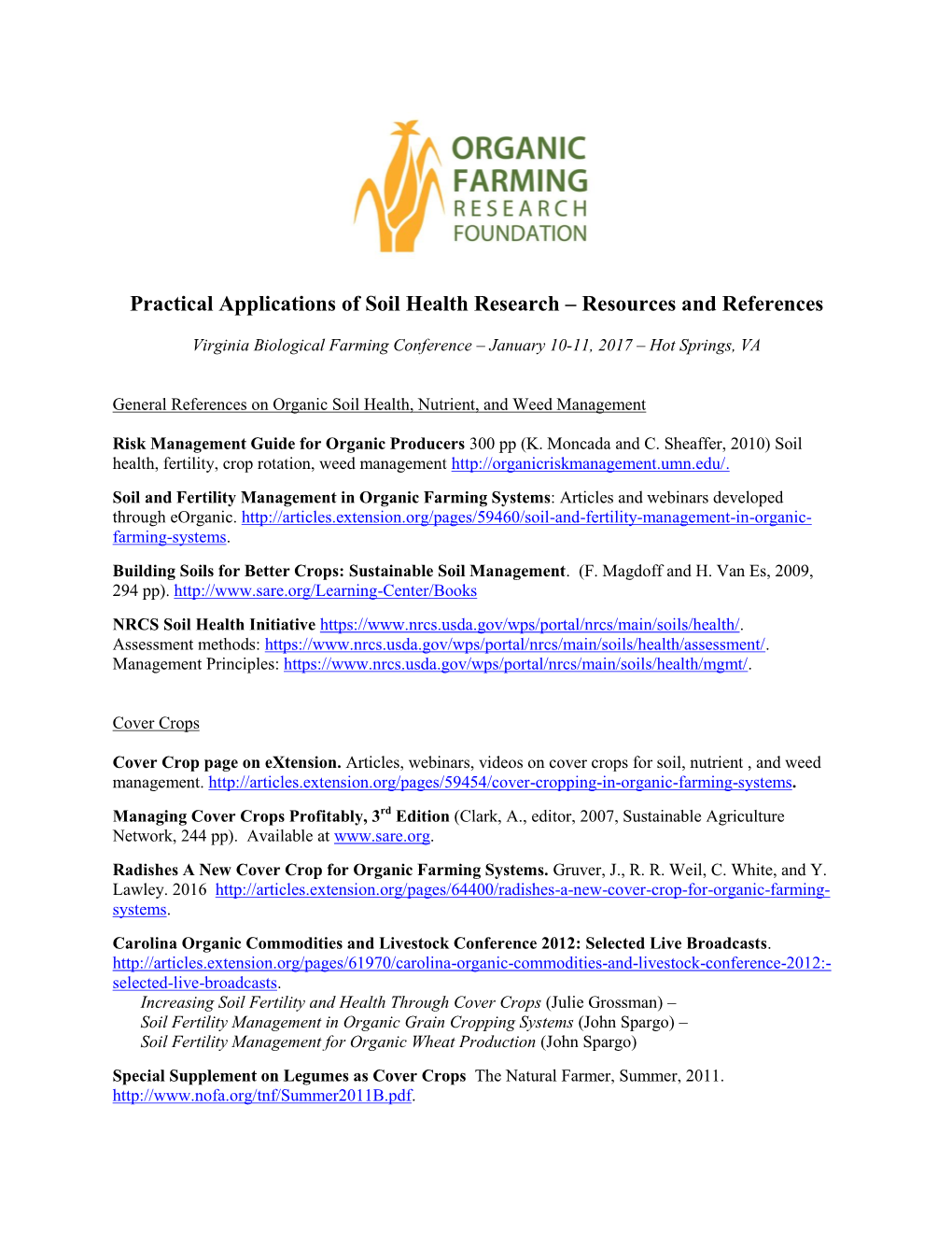 Practical Applications of Soil Health Research – Resources and References