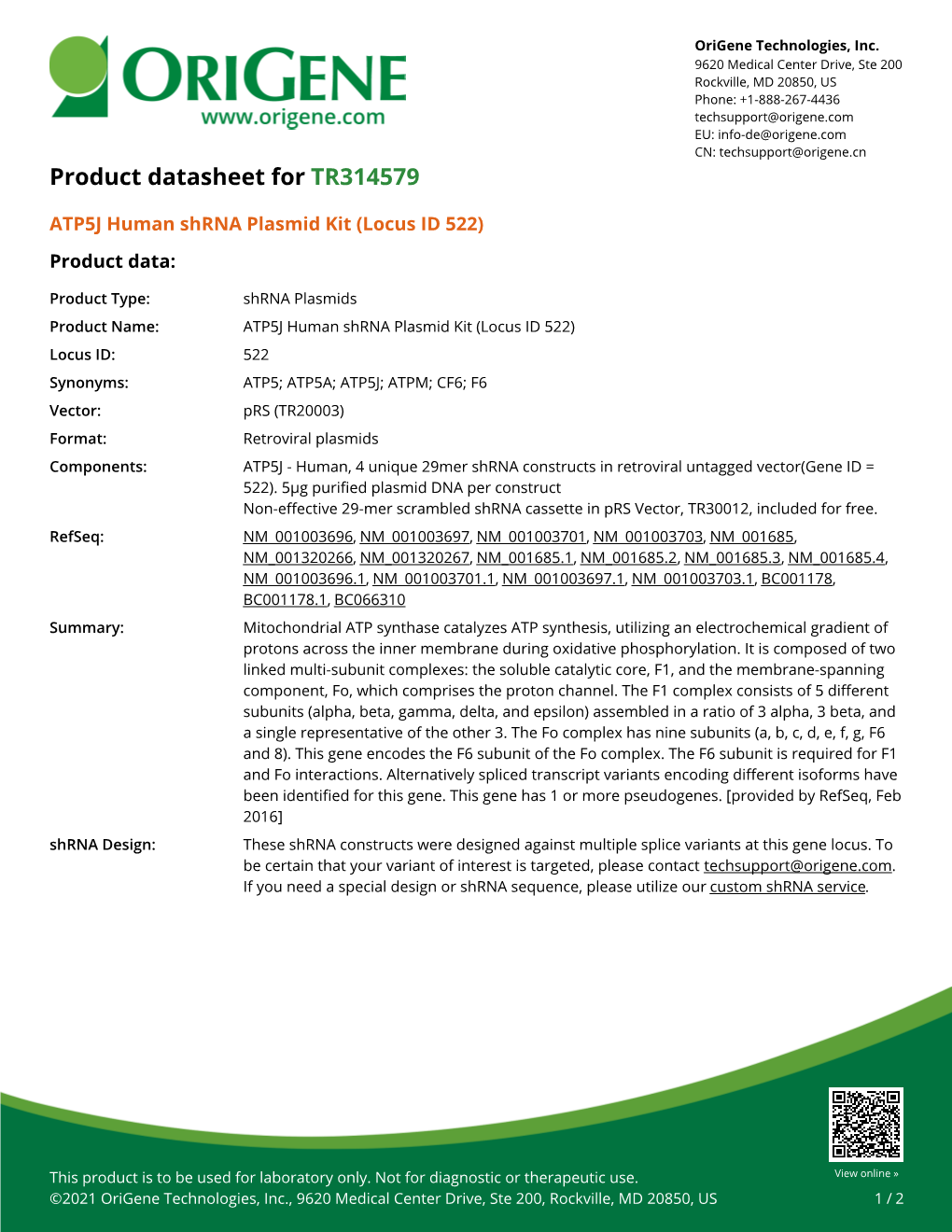 ATP5J Human Shrna Plasmid Kit (Locus ID 522) Product Data