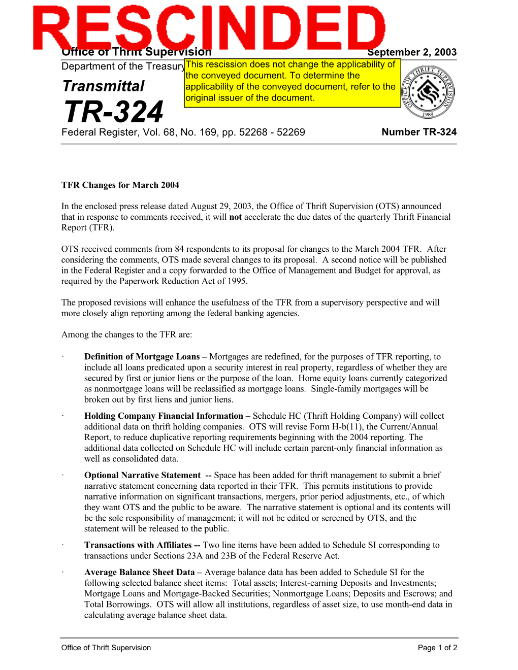 TR 324, Thrift Financial Report, September 2003