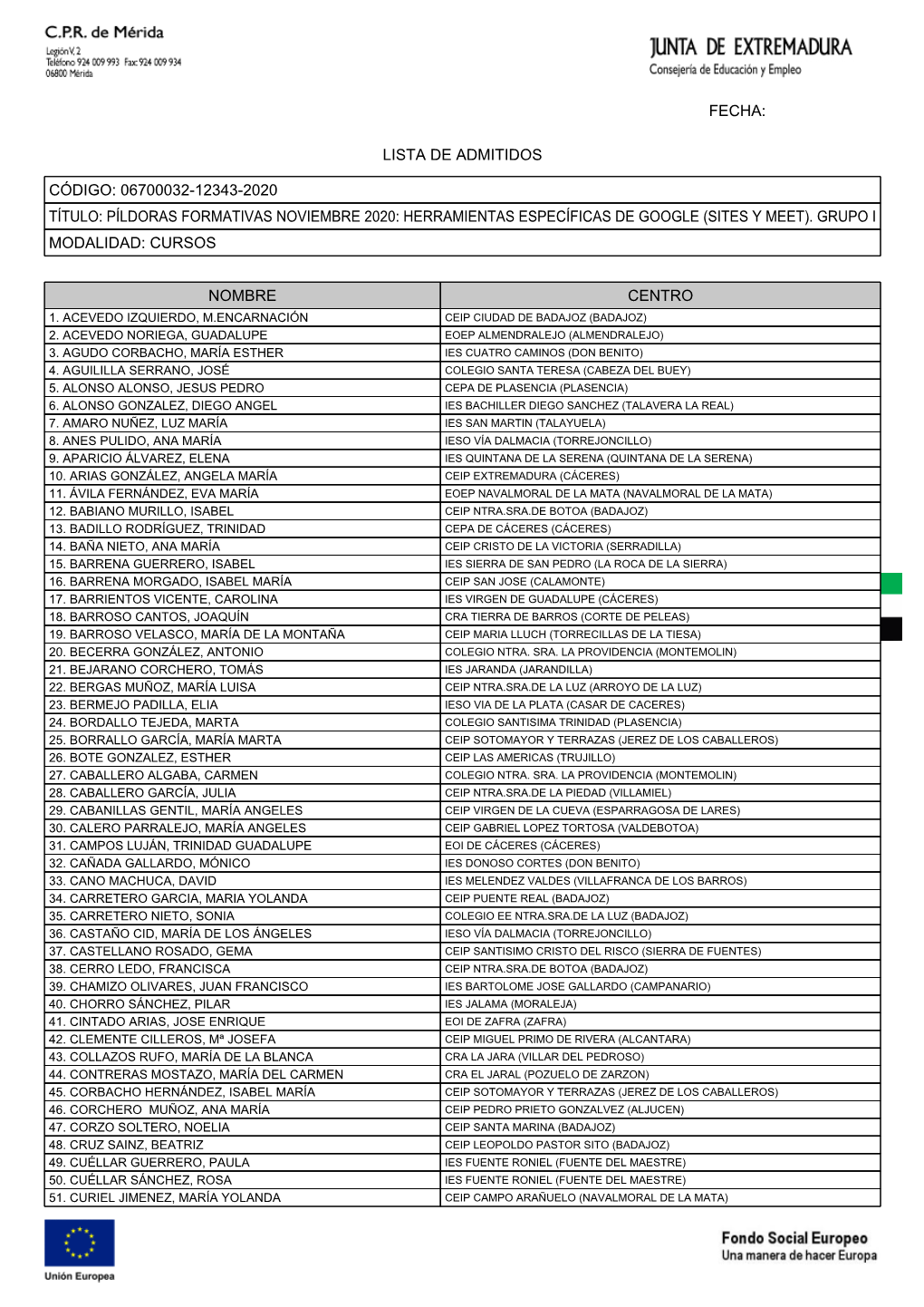 Lista De Admitidos Código: 06700032-12343-2020 Título