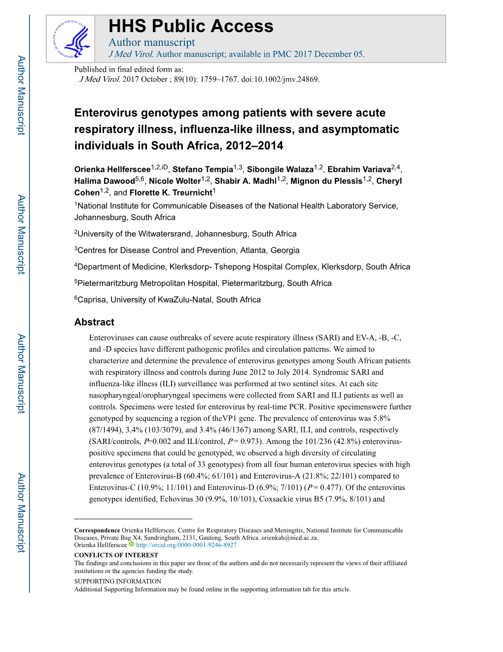 Enterovirus Genotypes Among Patients with Severe Acute Respiratory Illness, Influenza-Like Illness, and Asymptomatic Individuals in South Africa, 2012–2014