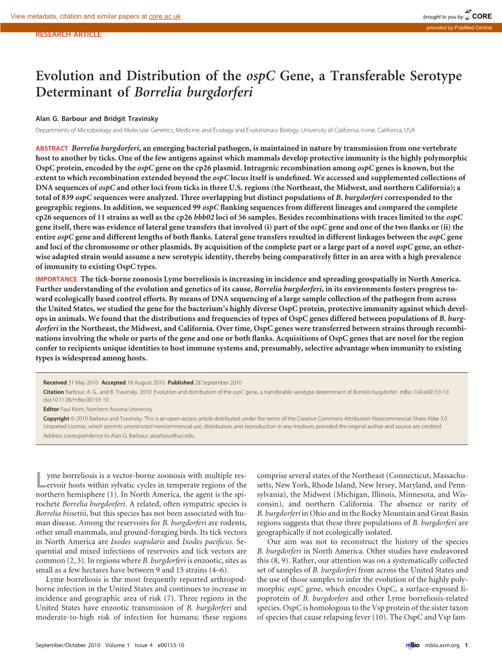 Evolution and Distribution of the Ospc Gene, a Transferable Serotype Determinant of Borrelia Burgdorferi