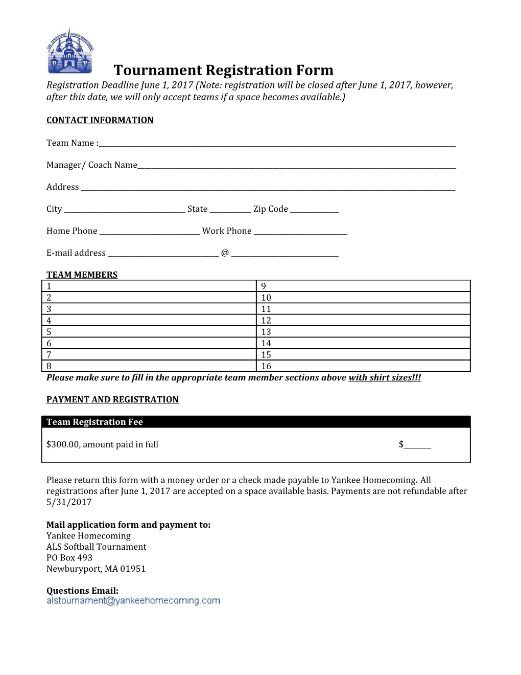 Softball Tournament Registration Form