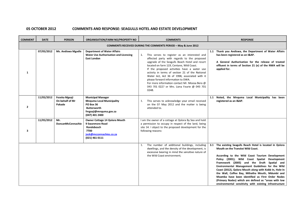 05 October 2012 Comments and Response: Seagulls Hotel and Estate Development