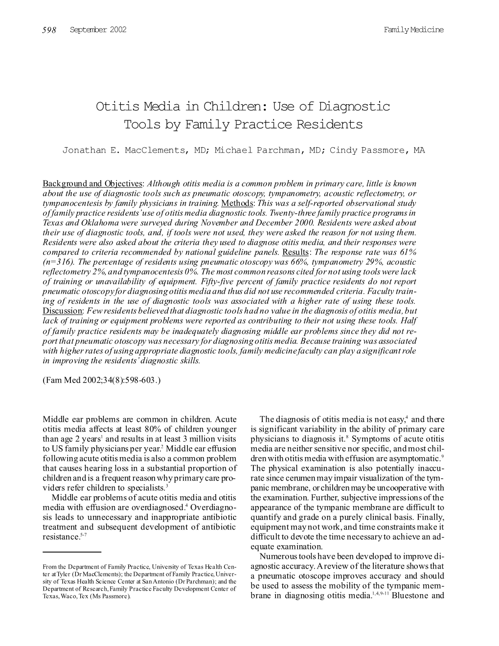 Otitis Media in Children: Use of Diagnostic Tools by Family Practice Residents
