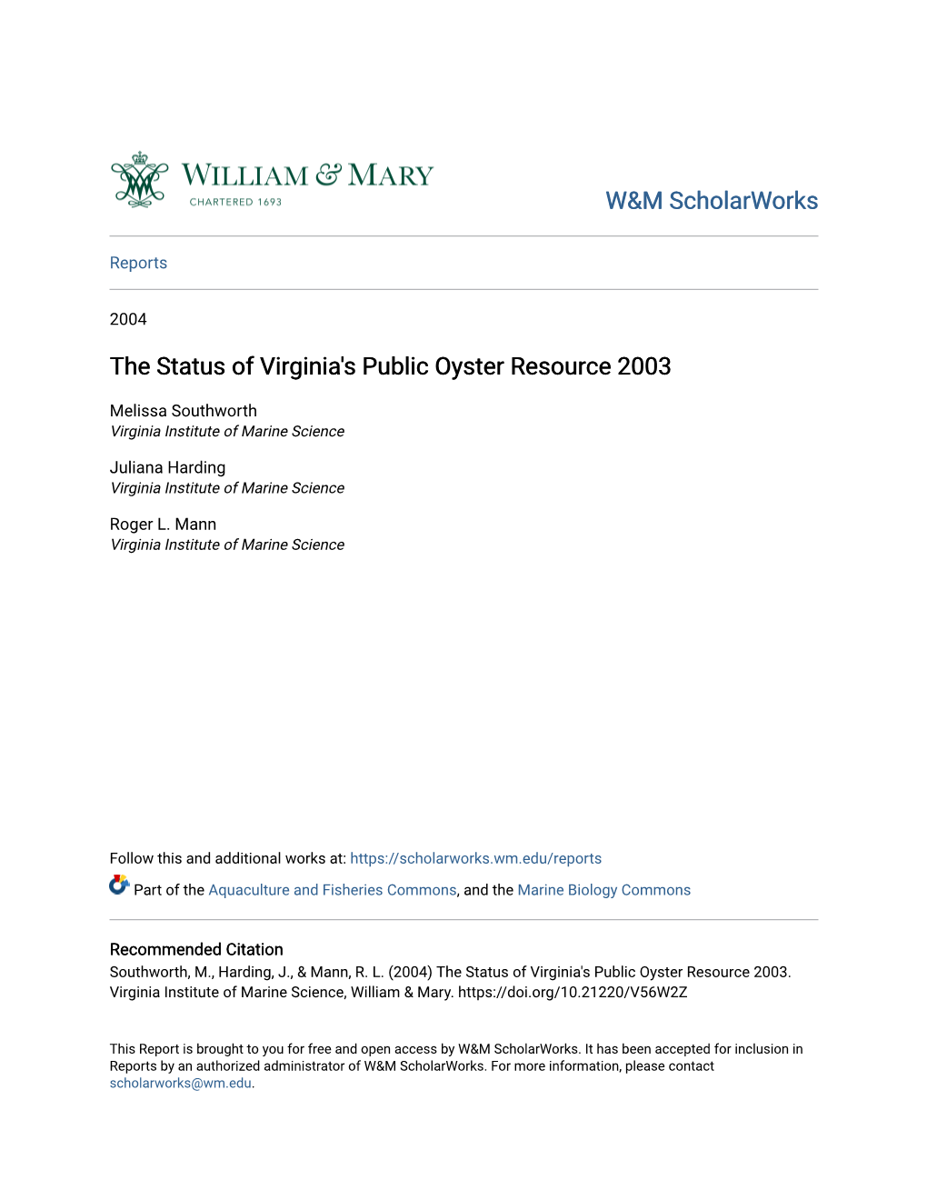 The Status of Virginia's Public Oyster Resource 2003