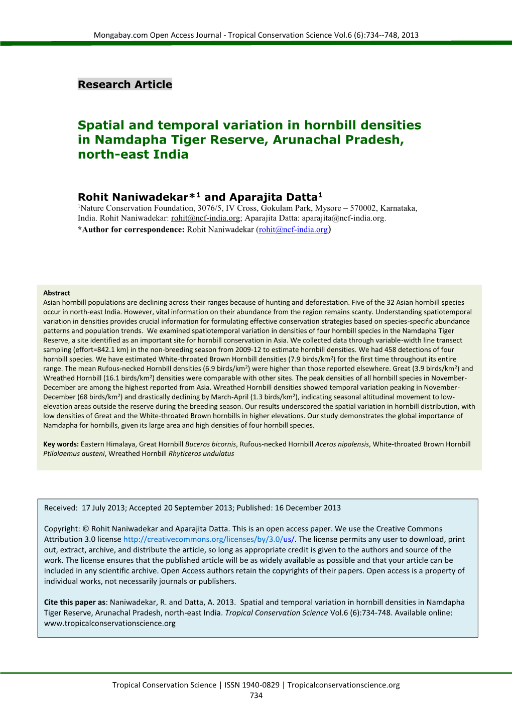 Spatial and Temporal Variation in Hornbill Densities in Namdapha Tiger Reserve, Arunachal Pradesh, North-East India