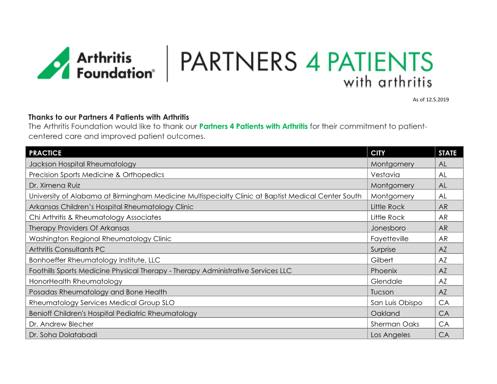 Thanks to Our Partners 4 Patients with Arthritis the Arthritis Foundation