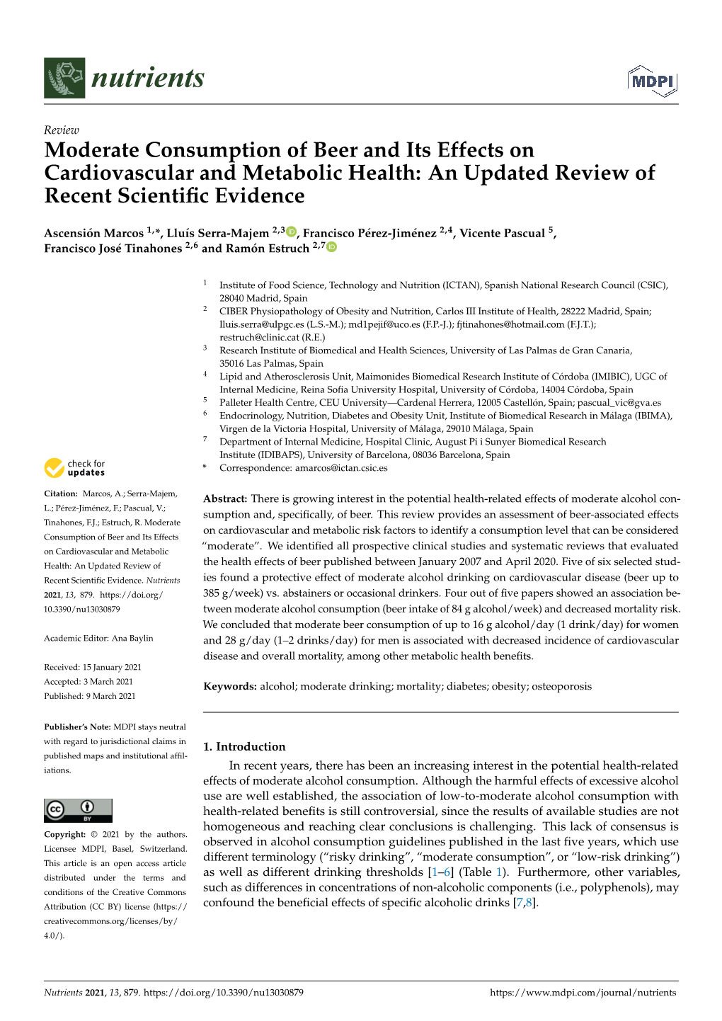 Moderate Consumption of Beer and Its Effects on Cardiovascular and Metabolic Health: an Updated Review of Recent Scientiﬁc Evidence