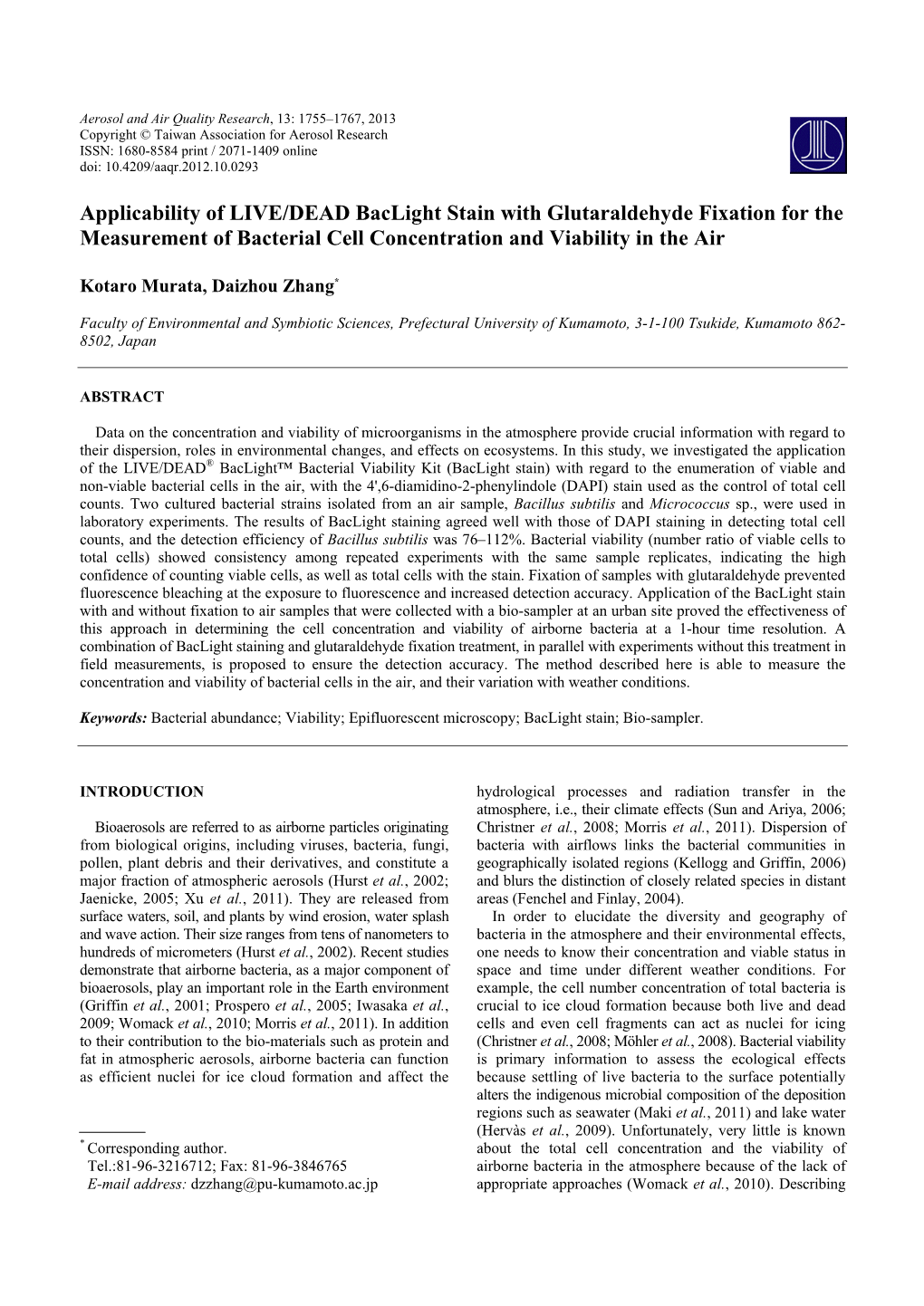 Applicability of LIVE/DEAD Baclight Stain with Glutaraldehyde Fixation for the Measurement of Bacterial Cell Concentration and Viability in the Air