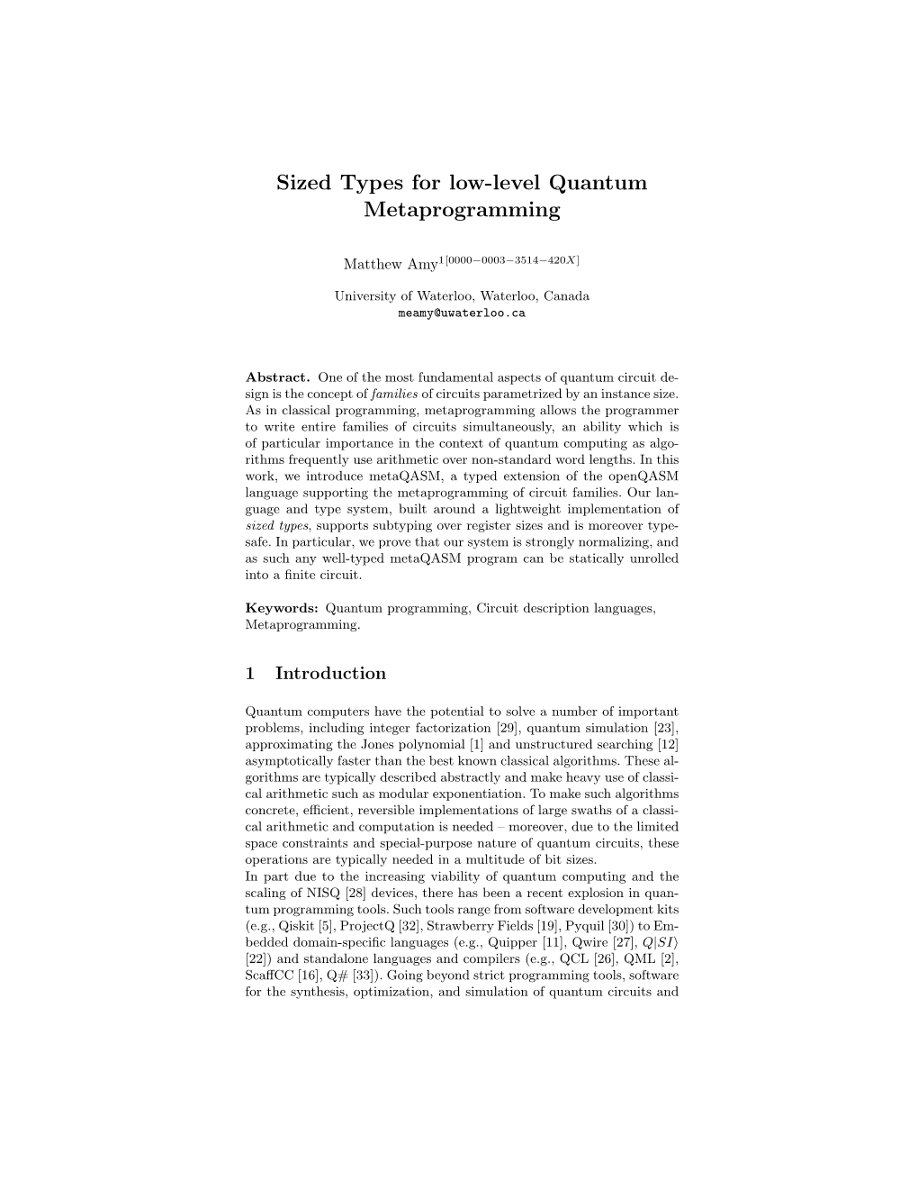 Sized Types for Low-Level Quantum Metaprogramming