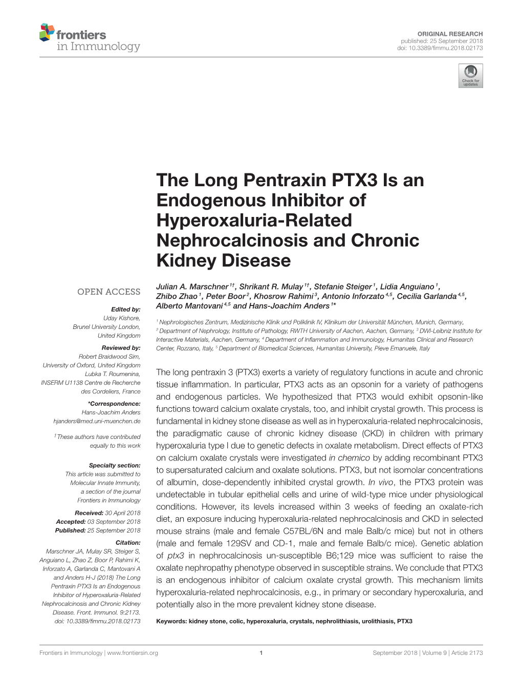 The Long Pentraxin PTX3 Is an Endogenous Inhibitor of Hyperoxaluria-Related Nephrocalcinosis and Chronic Kidney Disease
