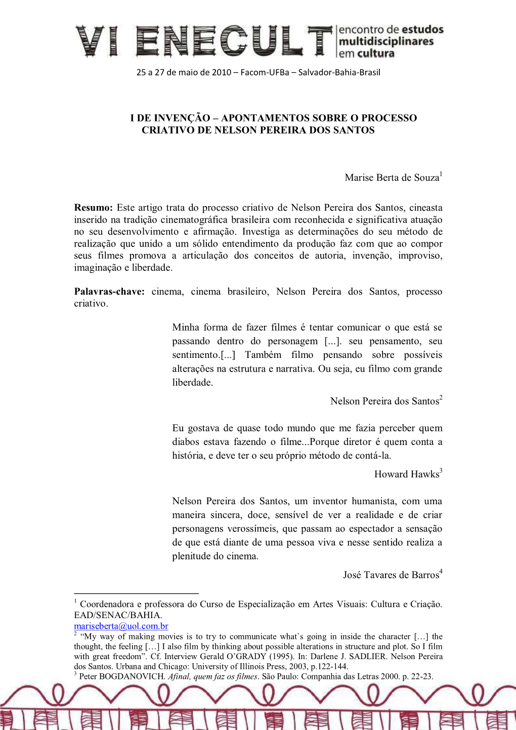 Apontamentos Sobre O Processo Criativo De Nelson Pereira Dos Santos