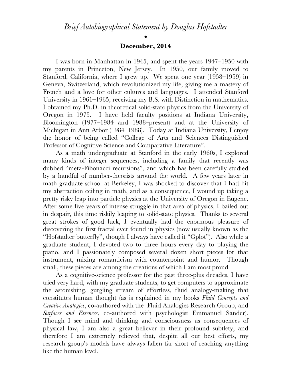 Brief Autobiographical Statement by Douglas Hofstadter • December, 2014