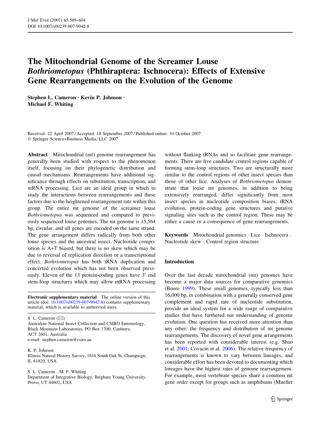 The Mitochondrial Genome of the Screamer Louse Bothriometopus (Phthiraptera: Ischnocera): Effects of Extensive Gene Rearrangements on the Evolution of the Genome