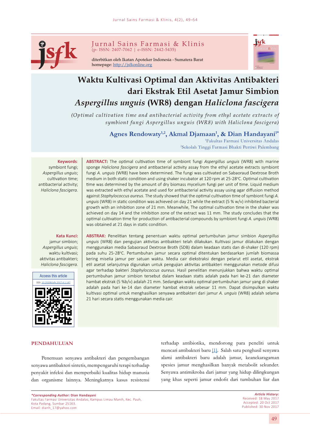 Waktu Kultivasi Optimal Dan Aktivitas Antibakteri Dari Ekstrak Etil Asetat