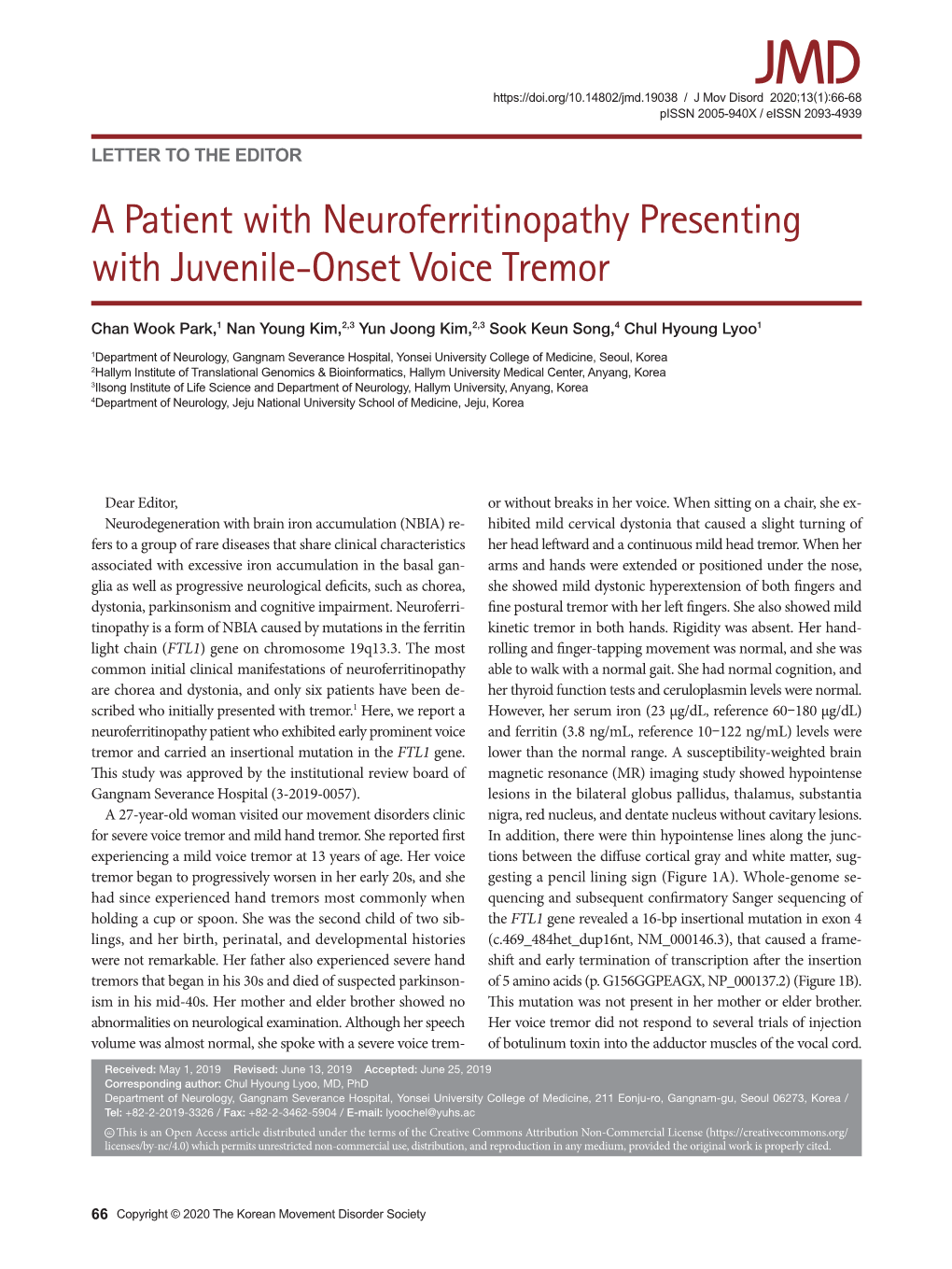 A Patient with Neuroferritinopathy Presenting with Juvenile-Onset Voice Tremor