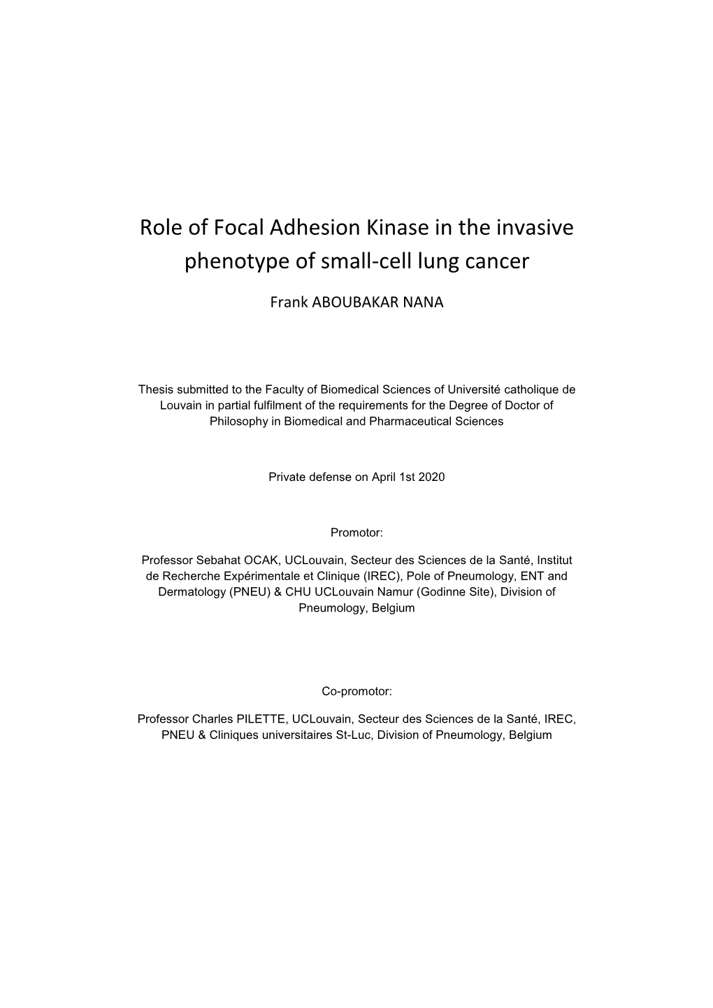 Role of Focal Adhesion Kinase in the Invasive Phenotype of Small-Cell Lung Cancer