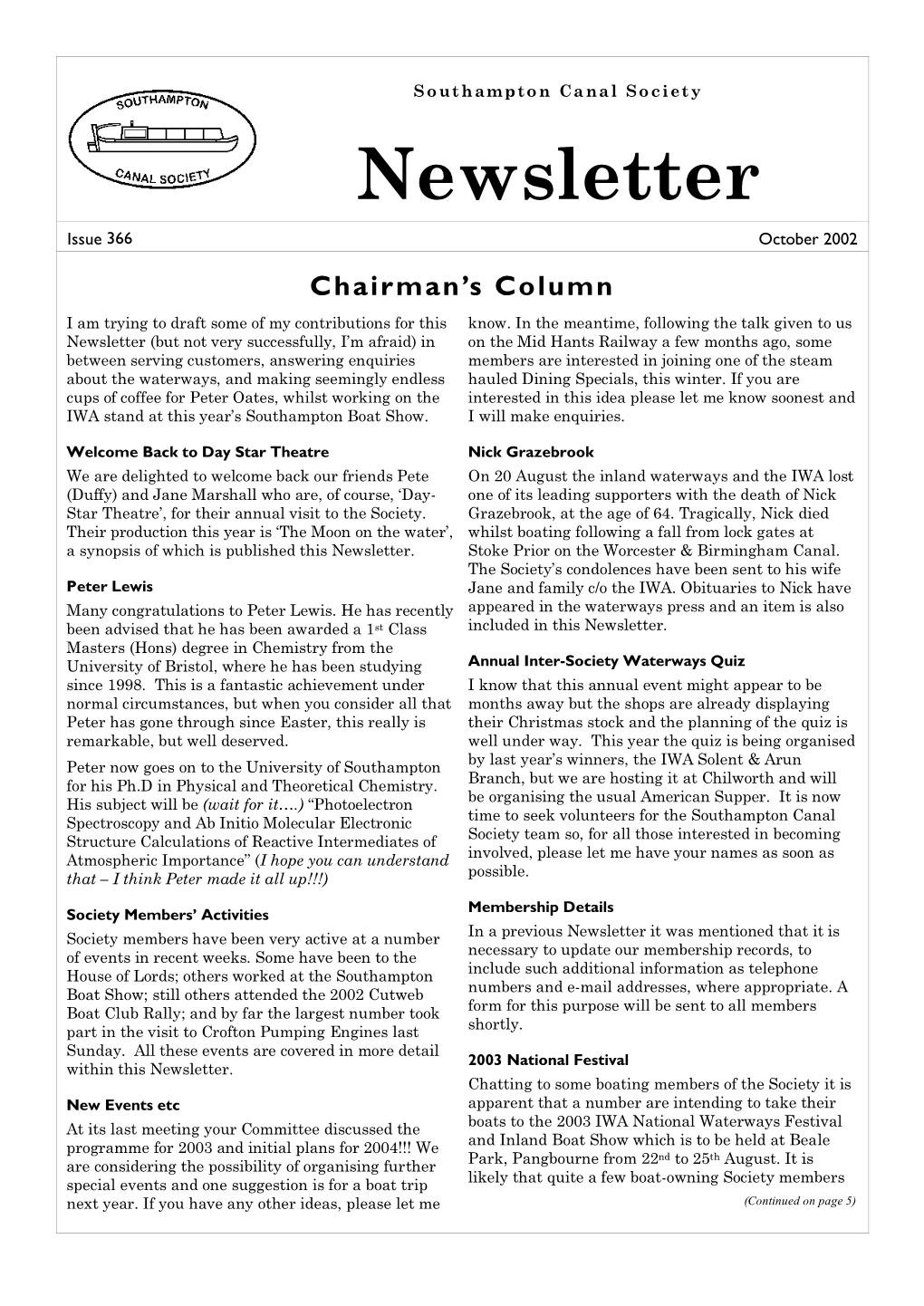 October 2002 Chairman’S Column I Am Trying to Draft Some of My Contributions for This Know