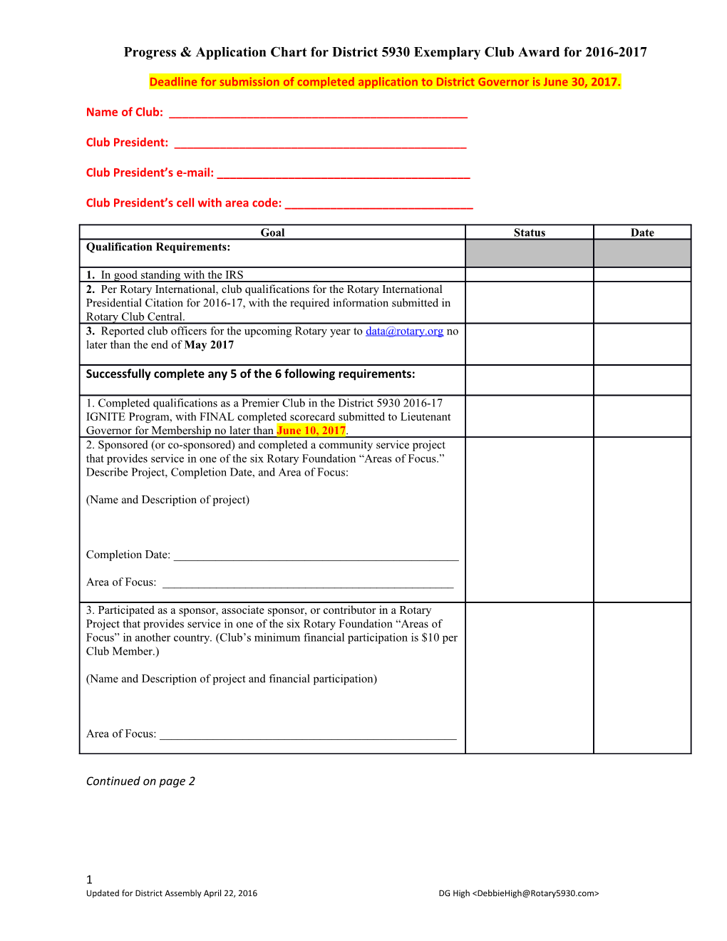 Progress & Application Chart for District 5930 Exemplary Club Award for 2016-2017