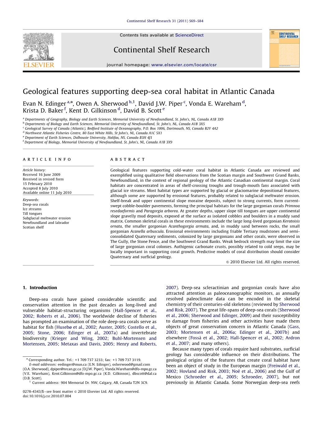 Geological Features Supporting Deep-Sea Coral Habitat in Atlantic Canada