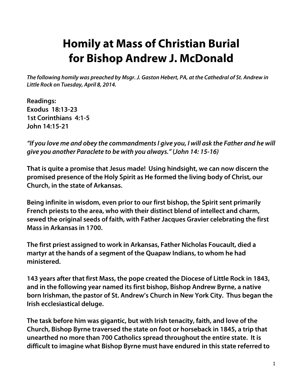 Homily at Mass of Christian Burial for Bishop Andrew J. Mcdonald