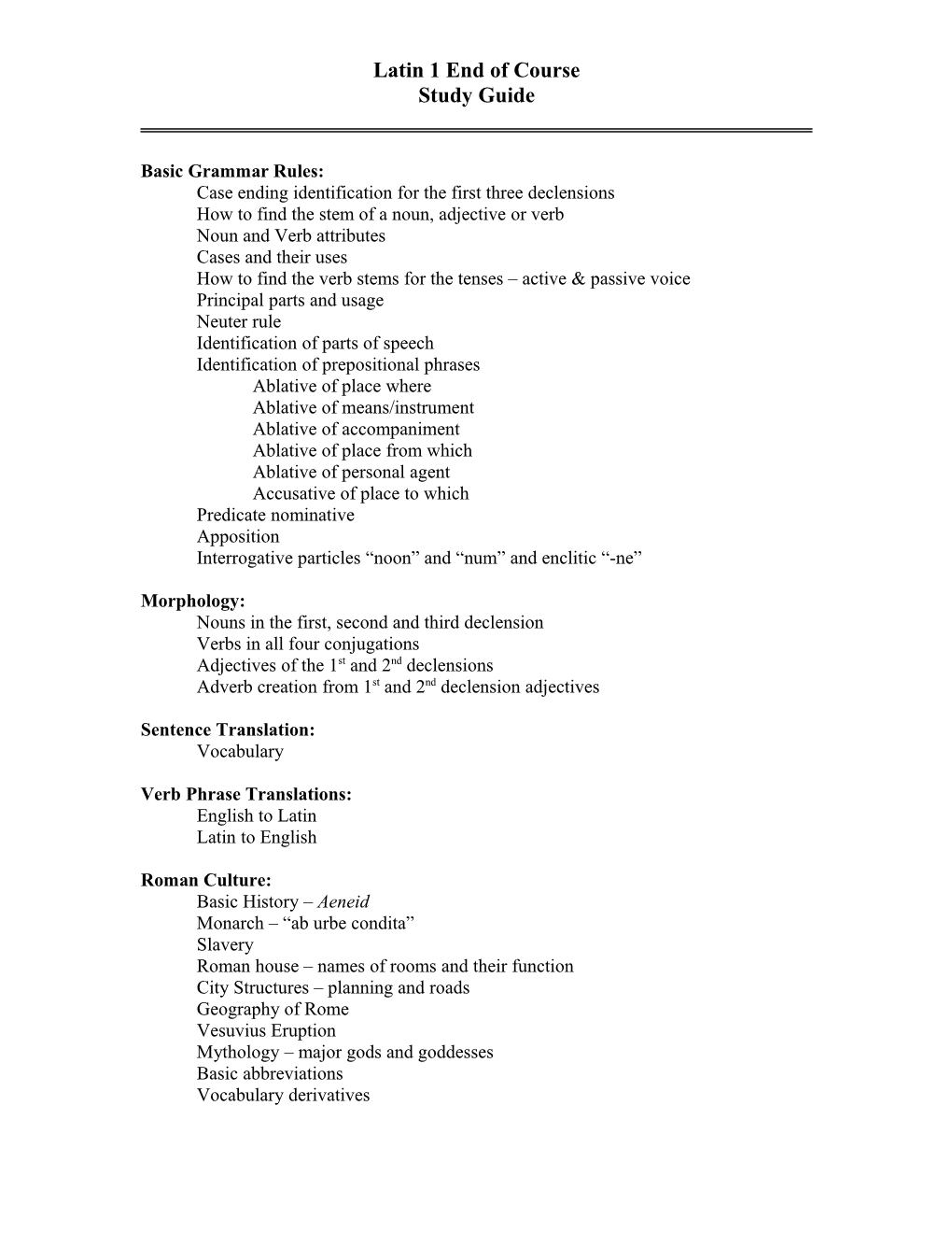 Latin 1 EOC Study Guide