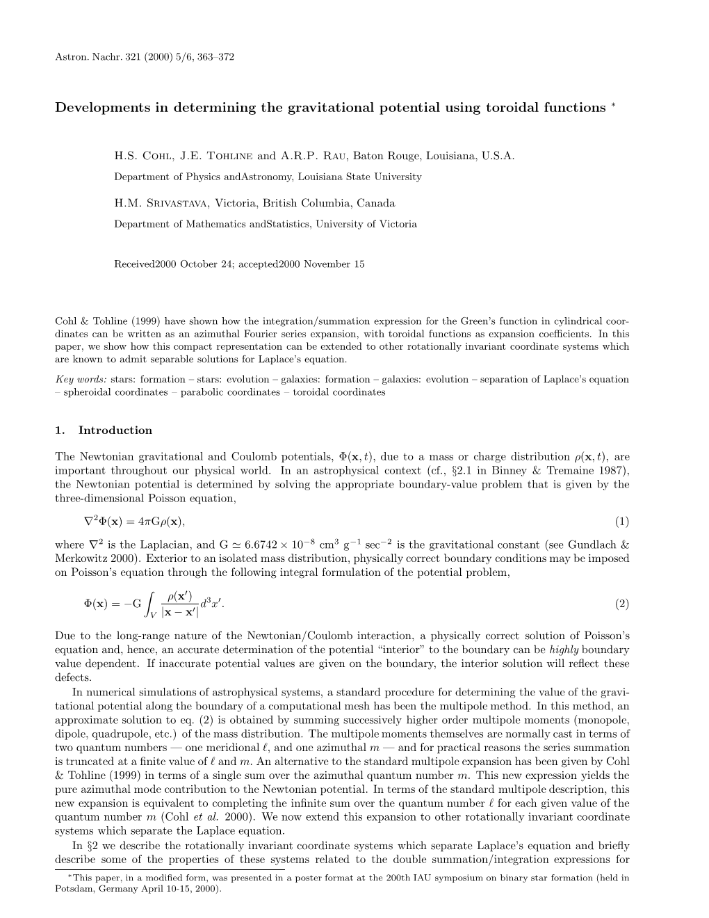 Developments in Determining the Gravitational Potential Using Toroidal Functions ∗