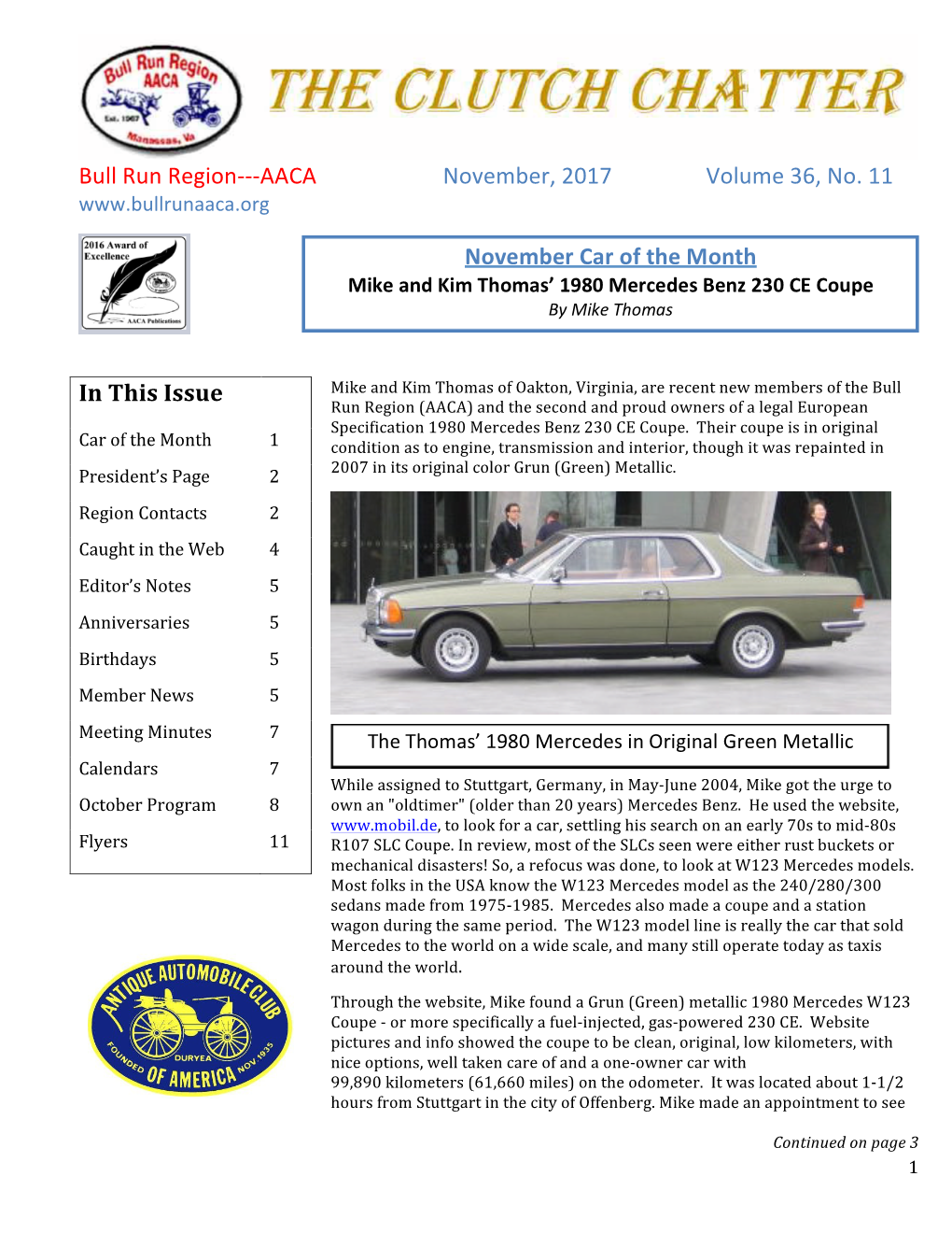 Bull Run Region---AACA November, 2017 Volume 36, No. 11 In