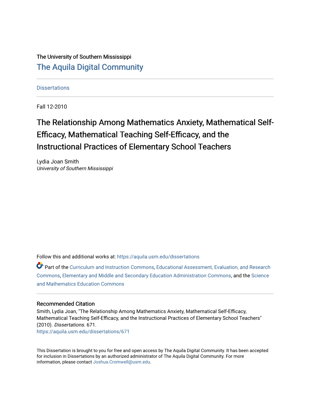 The Relationship Among Mathematics Anxiety, Mathematical Self-Efficacy