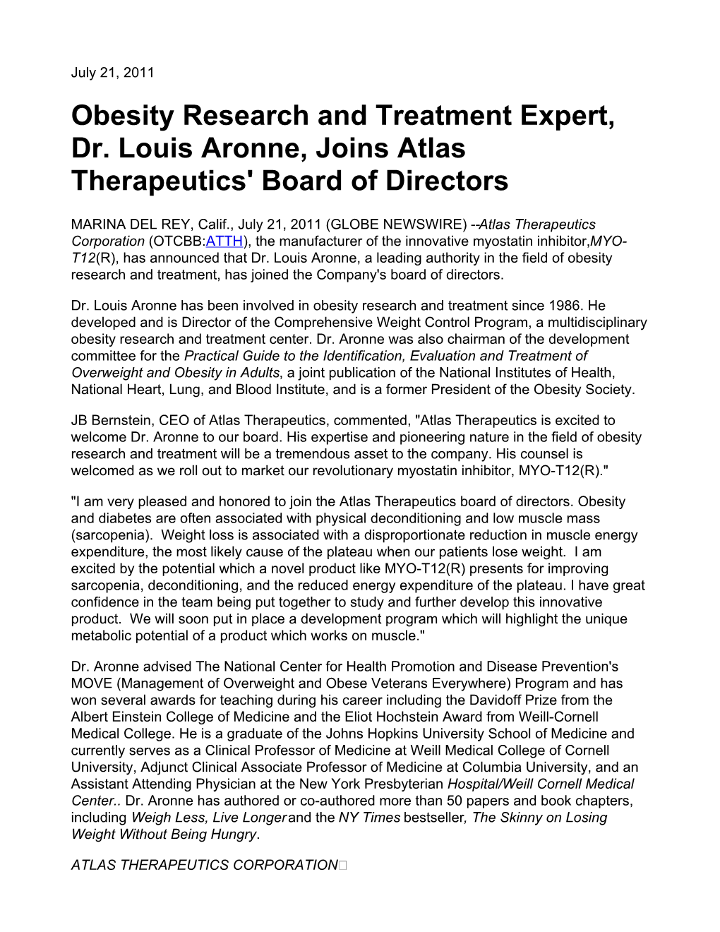 Obesity Research and Treatment Expert, Dr. Louis Aronne, Joins Atlas Therapeutics' Board of Directors