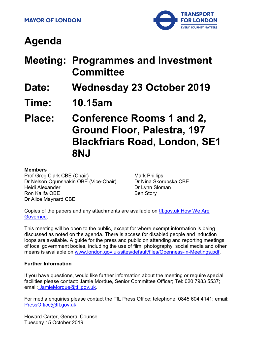 Programmes and Investment Committee, 23/10/2019 10:15