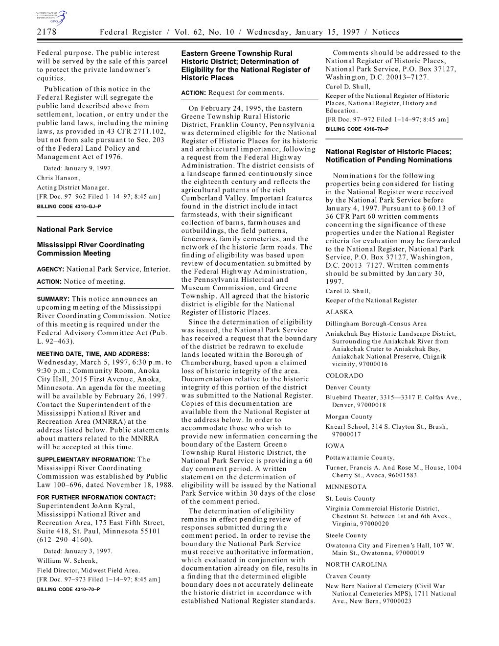 Federal Register / Vol. 62, No. 10 / Wednesday, January 15, 1997 / Notices