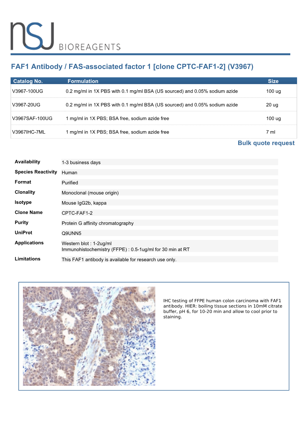 FAF1 Antibody / FAS-Associated Factor 1 [Clone CPTC-FAF1-2] (V3967)