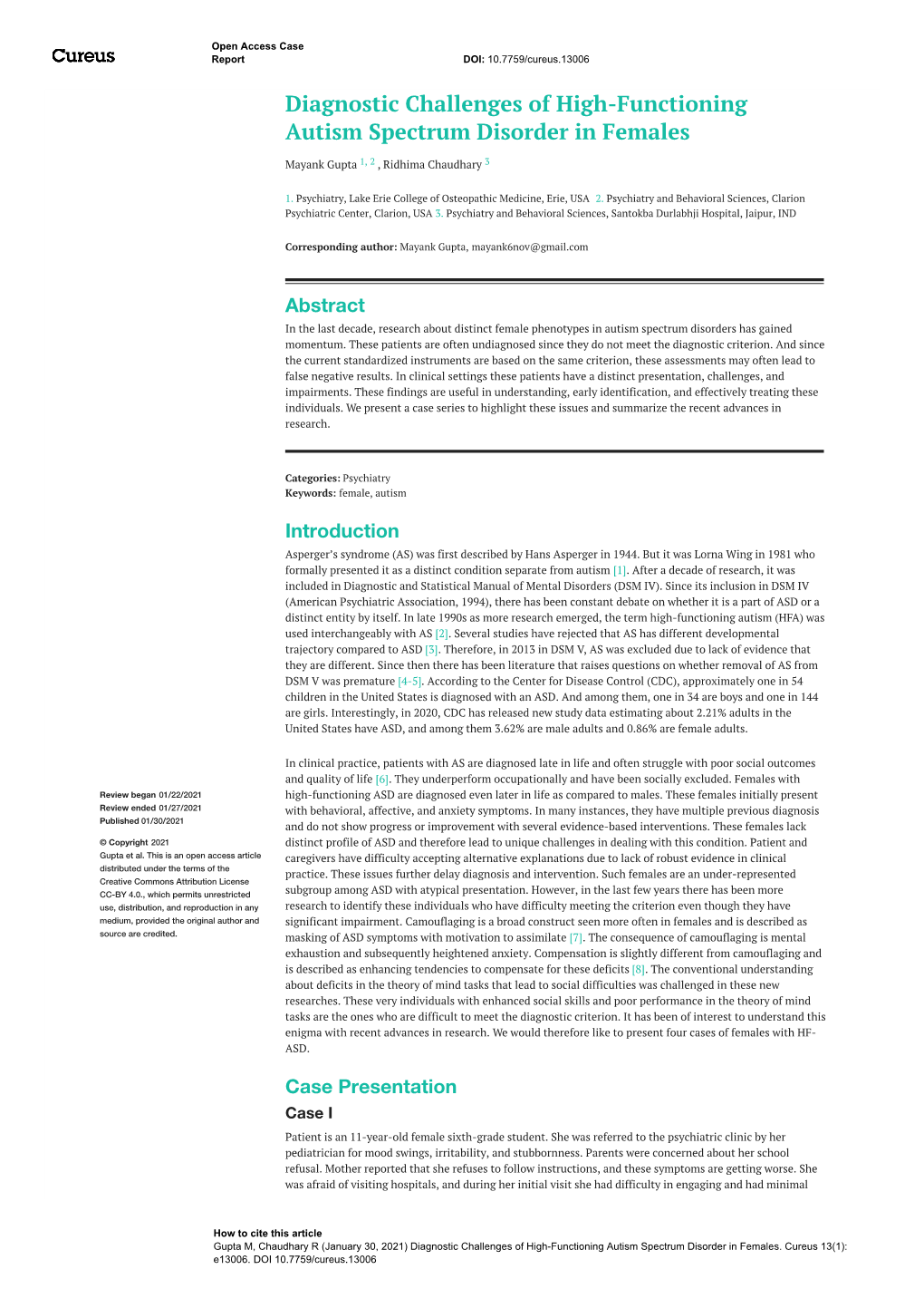 Diagnostic Challenges of High-Functioning Autism Spectrum Disorder in Females