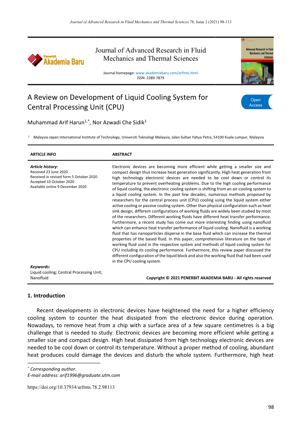 A Review on Development of Liquid Cooling System for Central