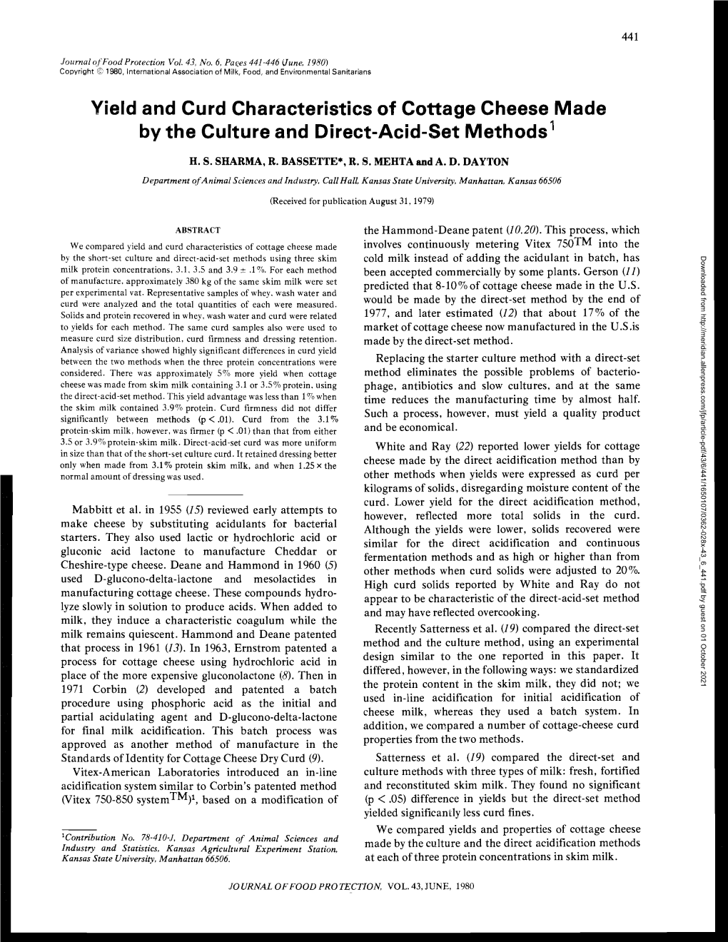 Yield and Curd Characteristics of Cottage Cheese Made by the Culture and Direct-Acid-Set Methods 1