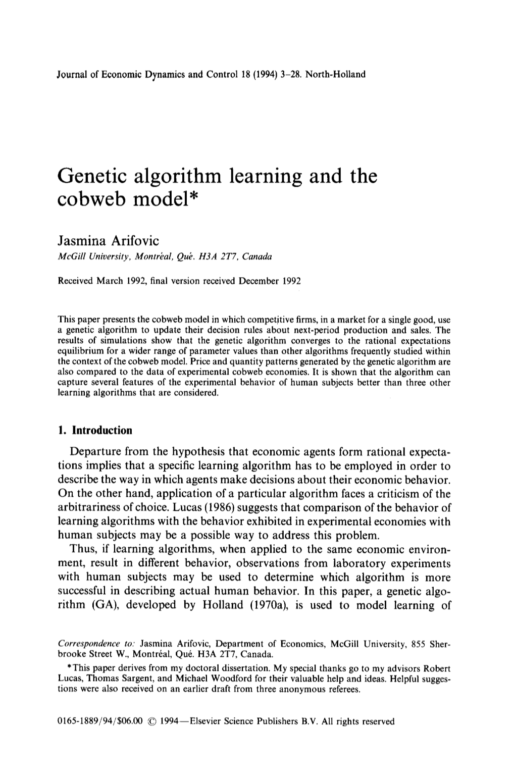 Genetic Algorithm Learning and the Cobweb Model*