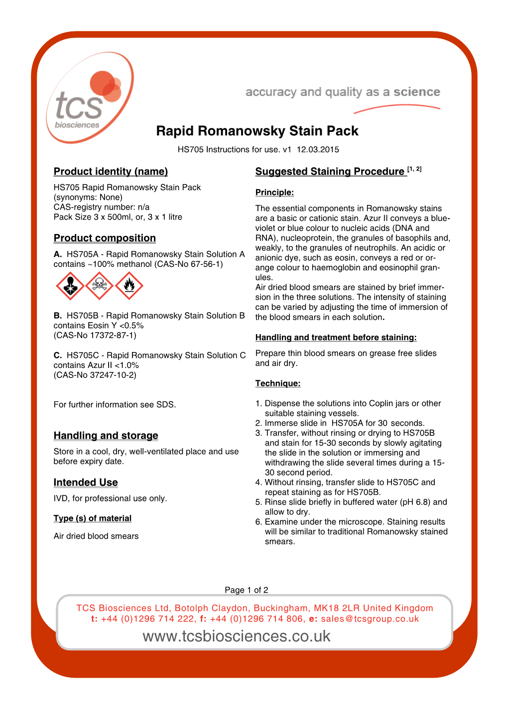 Rapid Romanowsky Stain Pack HS705 Instructions for Use