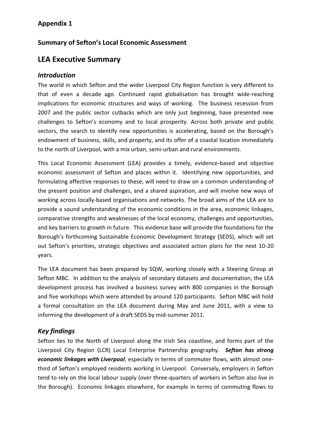 Appendix 1 Summary of Sefton's Local Economic Assessment