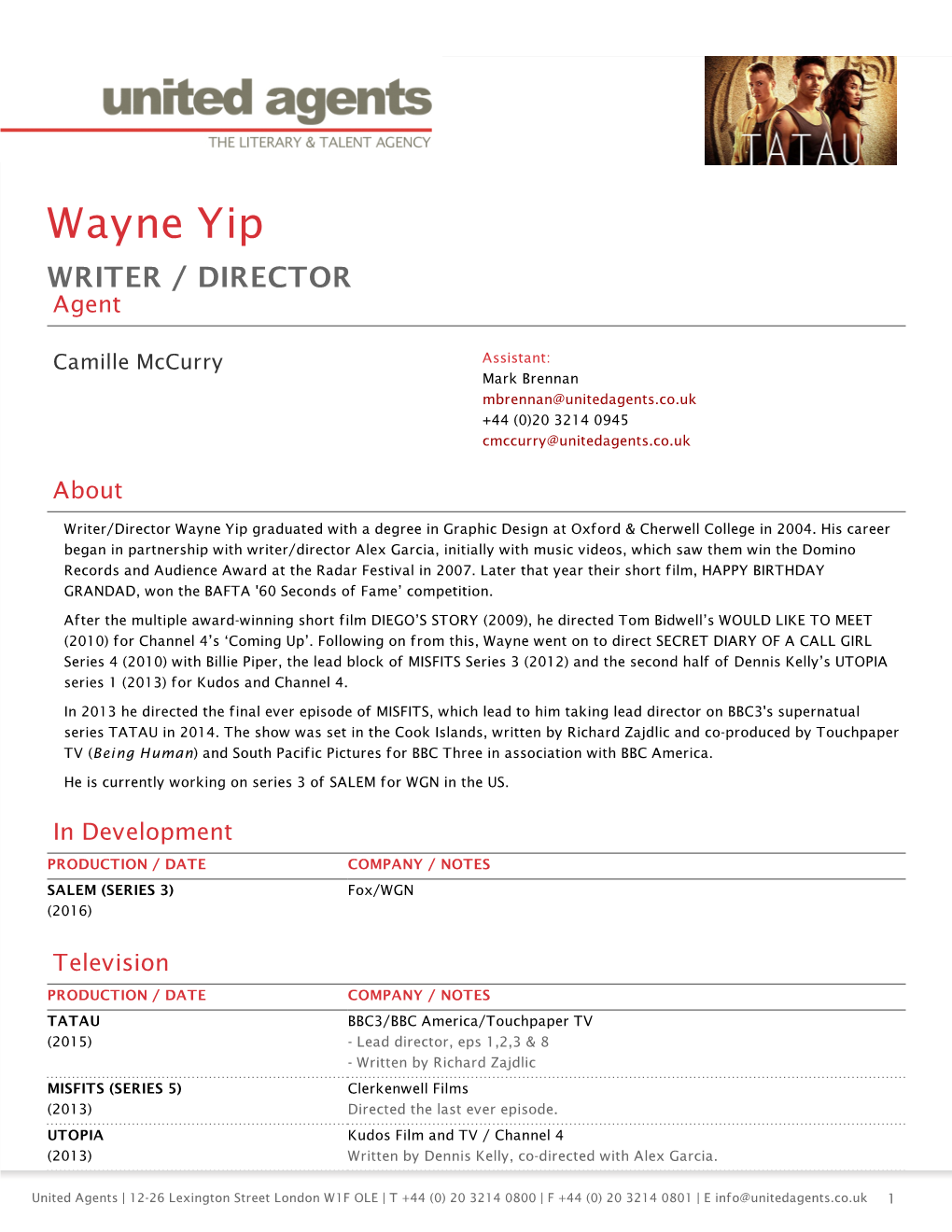 Wayne Yip WRITER / DIRECTOR Agent